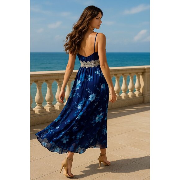 Twelfth Street by Cynthia Vincent Small Navy Floral Silk Maxi Dress Coastal Chic - Picture 13 of 16